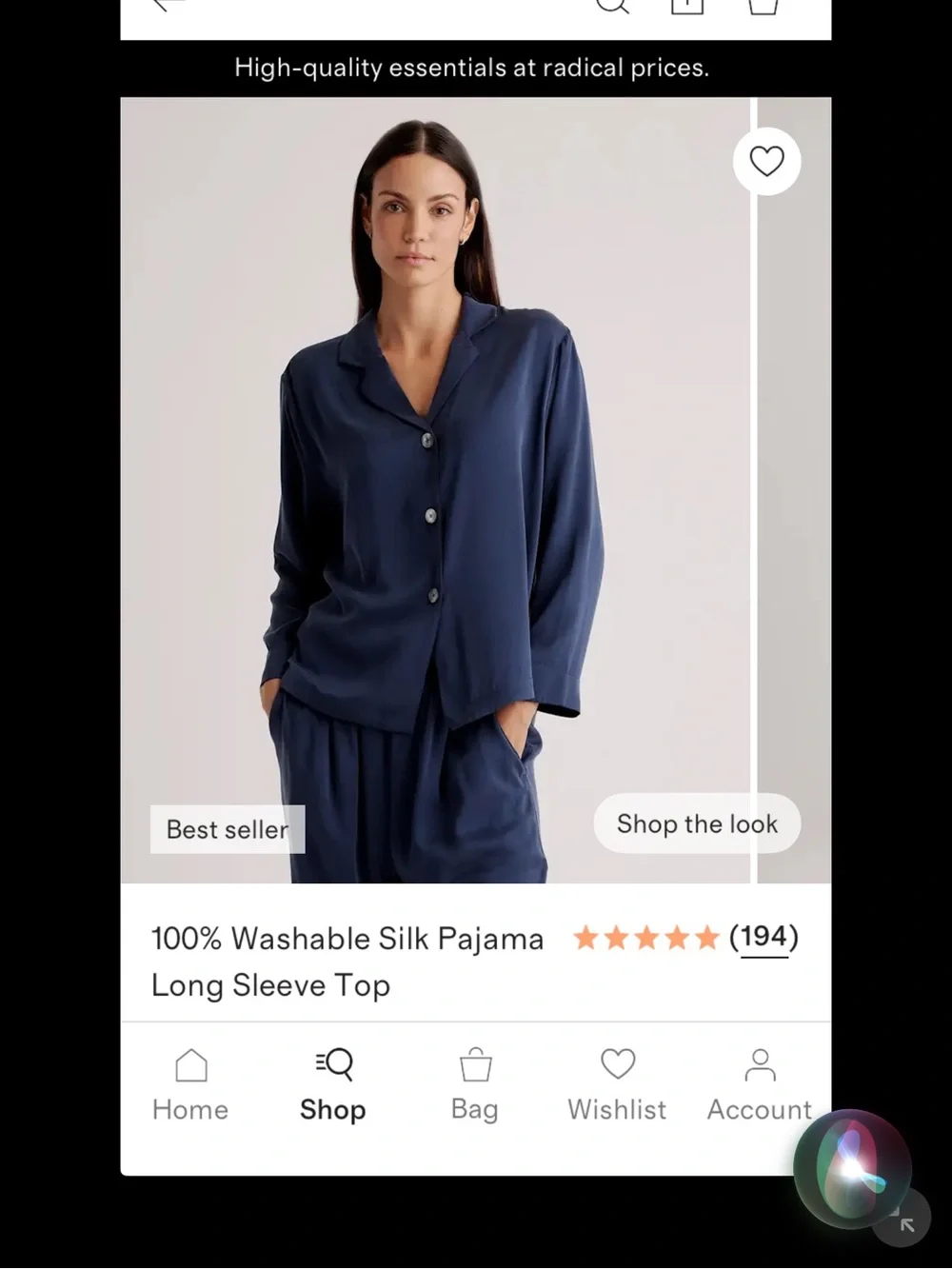Quince 100% Washable Silk Long Sleeve Pajama Top in Navy Large NWT - Picture 1 of 3